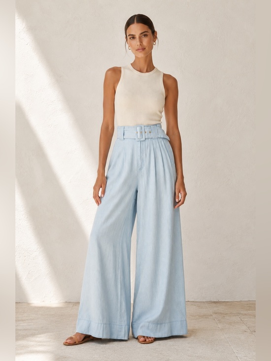 Show Me Your MuMu Pants - Show Me Your Mumu Rollins Chambray Wide Leg Belted Pants Resort Coastal 30